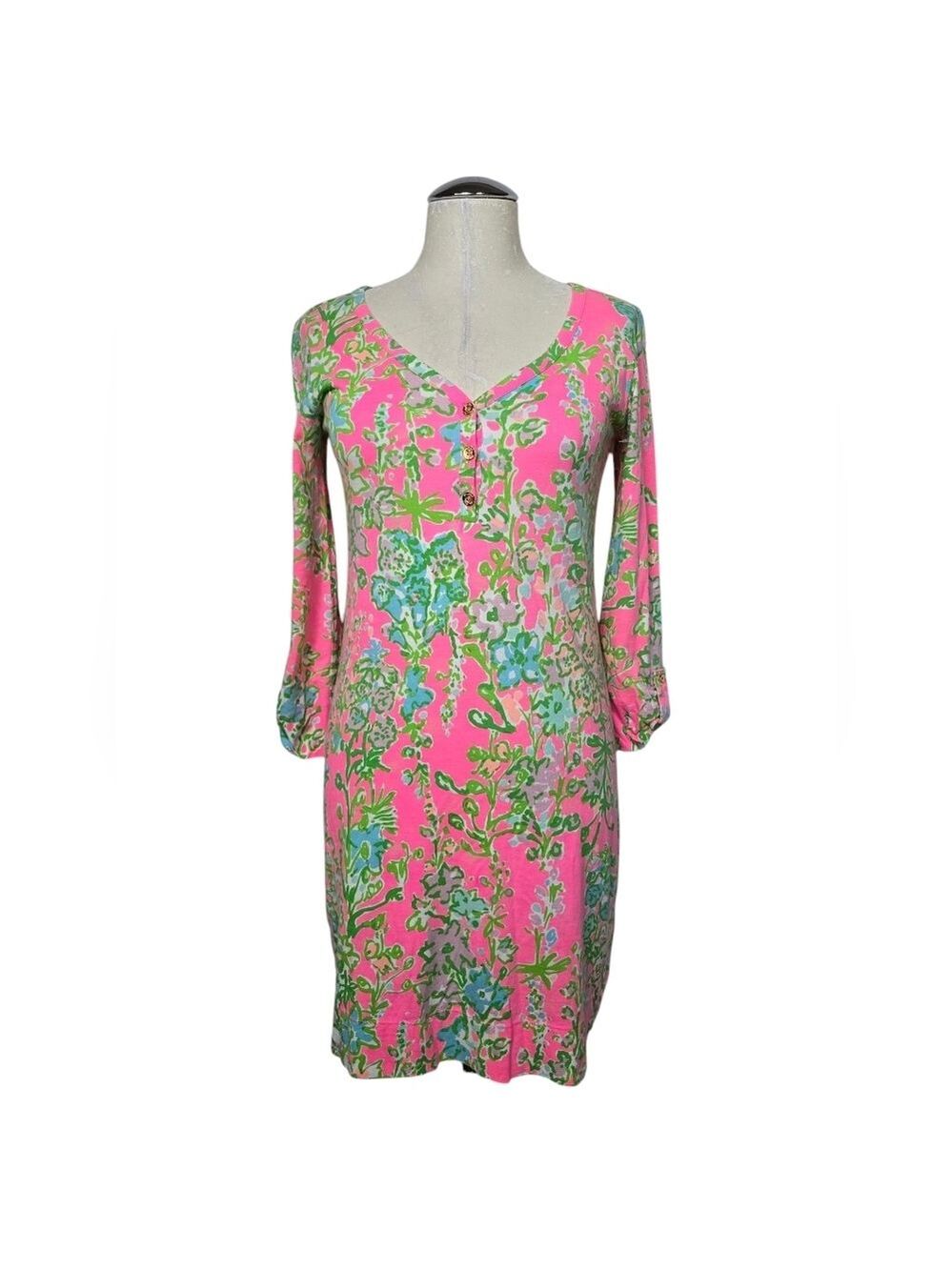 Lilly Pulitzer Palmetto Floral Pink Green Tab Sleeve Dress XS